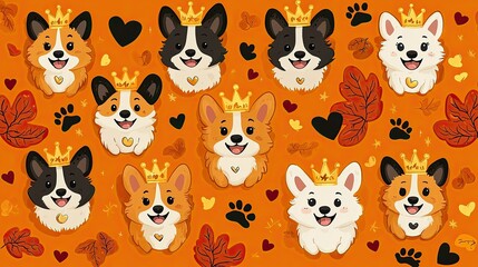 Fototapeta premium Adorable Corgi Dogs Wearing Crowns Autumn Background