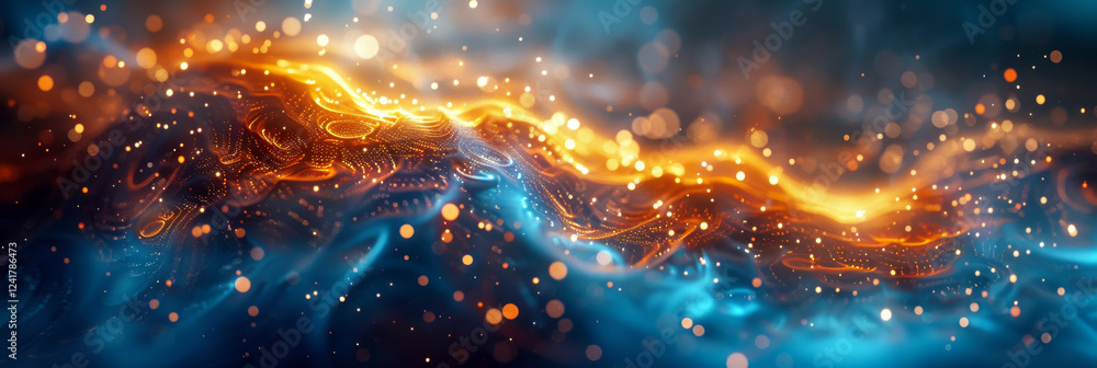 Poster abstract waves of orange and blue light flow with glowing particles. concept of energy and movement.