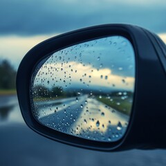 Reflection in the rearview mirror of a car with raindrops
