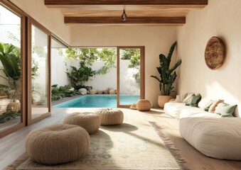 Fototapeta premium Through a modern sliding glass door adorned with elegant curtains and a retractable screen, one can step into a serene outdoor space teeming with lush greenery and natural light