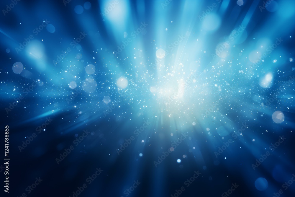 Poster bright light rays shining through a blue background with bokeh effect and particles, creating a fest