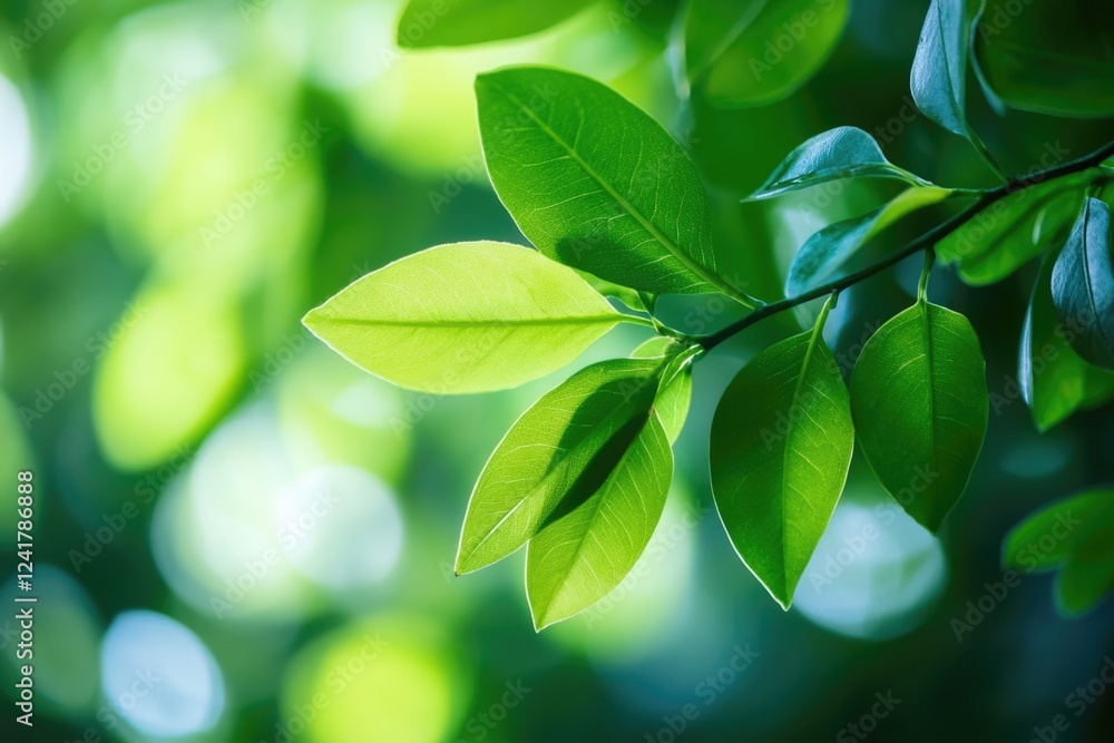 Poster a close-up view of a green leaf on a tree, ideal for use in botanical or nature-themed projects