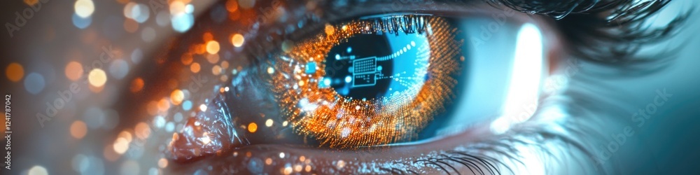 Poster a close-up of a person's eye with a computer chip implanted in the iris