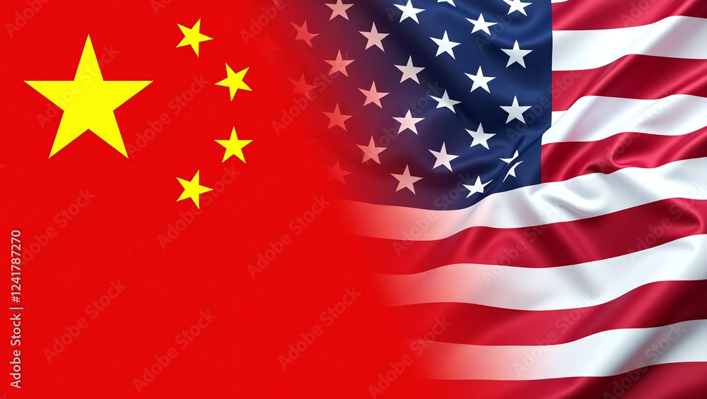Poster two flags that blend seamlessly into each other. on the left is the flag of china. the us flag is sh