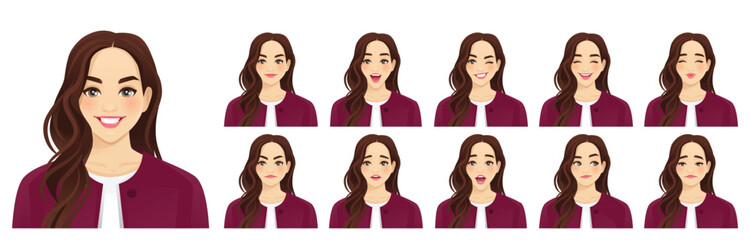Beautiful business young woman. Different facial expressions set. Isolated vector illustration