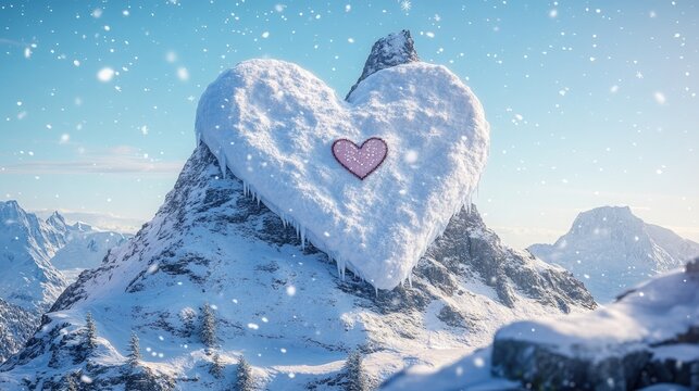 A scenic mountain peak adorned with a massive snow-covered heart shape