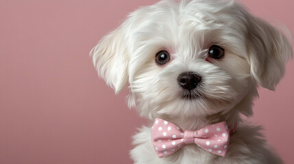 Charming Maltipoo Puppy in a Bow Tie Adorable Fluff on Pink