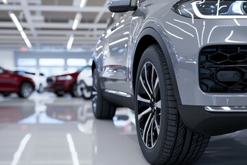 Silver car with black tires is parked in a showroom