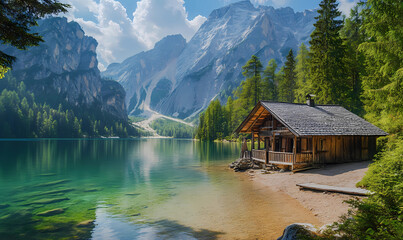 Naklejka premium Cabin on the Shore of a Lake Surrounded by Forest for a Tranquil Nature Retreat