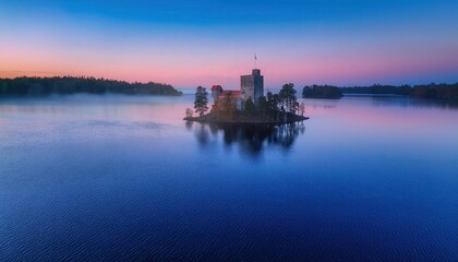 Obraz premium A small, rocky island features an ancient stone castle, embraced by deep blue waters and framed by towering trees, evoking feelings of wanderlust and tranquility at daybreak