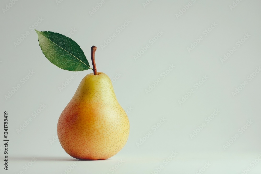 Poster pear with a leaf on top of it