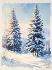 Serene winter landscape of pine trees in snow for marketing campaigns