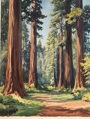 Gouache illustration of Redwood trees in a Californian forest, soft pastel color palette, vintage style, for wall art or decoration