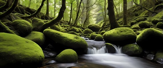 Bubbling brook flowing through moss covered rocks hidden among towering trees