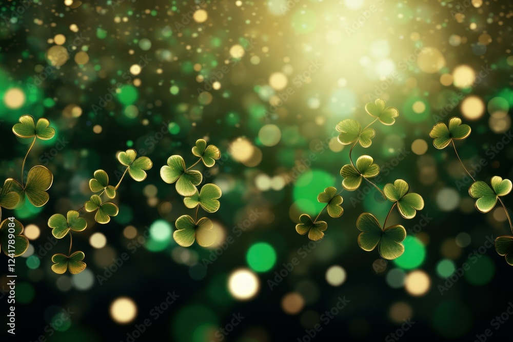 Poster saint patrick's day greeting card with shamrocks floating on a sparkling green background