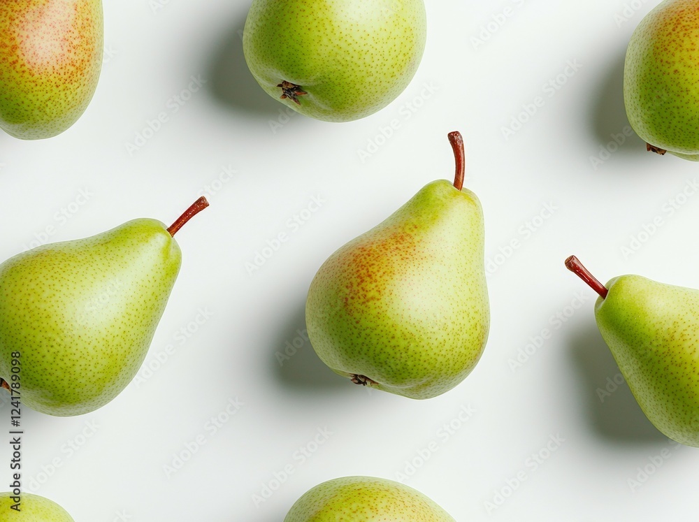 Poster row of green pears are arranged in a pattern on a white background