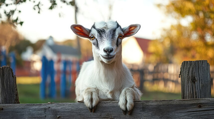 A goat standing on a wooden fence in a farmyard