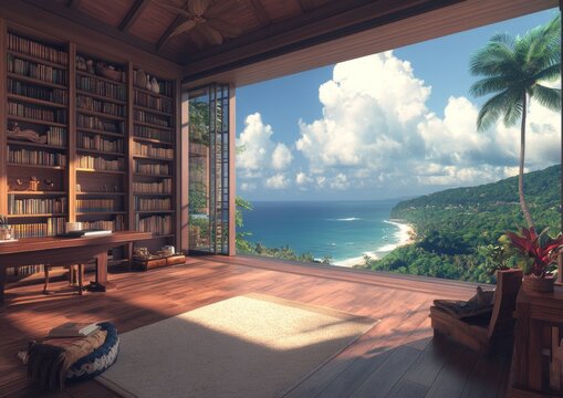 A scenic home office library with expansive views of nature lit by soft sunlight, with an ocean beach backdrop. The room's contemporary bookshelf makes it suitable for online Zoom presentation