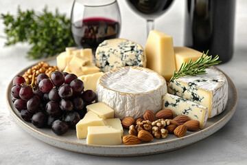 Plate with tasty cheese, grapes, nuts, bottle and glass of wine on white background