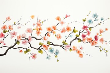 Fototapeta premium Gentle watercolor painting of a cherry blossom branch with colorful petals and green leaves, creating a serene and elegant atmosphere
