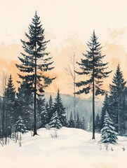 Vintage gouache illustration of sycamore trees in a park with soft pastel colors, perfect for nature-themed designs