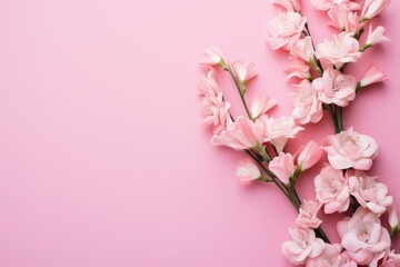 Obraz premium Pink flowers are lying on a pink surface, creating a soft and romantic atmosphere