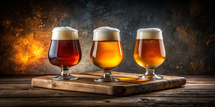 Three distinct glasses of craft beer sit on a rustic wooden board, showcasing rich colors and frothy tops against a warm, textured backdrop in a bar setting