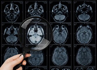 CT scan of human brain with doctor's hand.