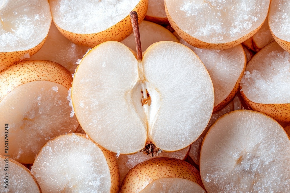 Poster close up of a sliced apple with a stem