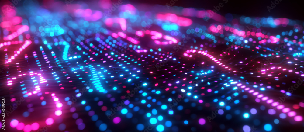 Poster glowing dots in blue and pink form digital numbers on a dark surface. concept of digital technology 