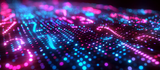 Glowing dots in blue and pink form digital numbers on a dark surface. Concept of digital technology and data visualization. For tech-themed presentations.