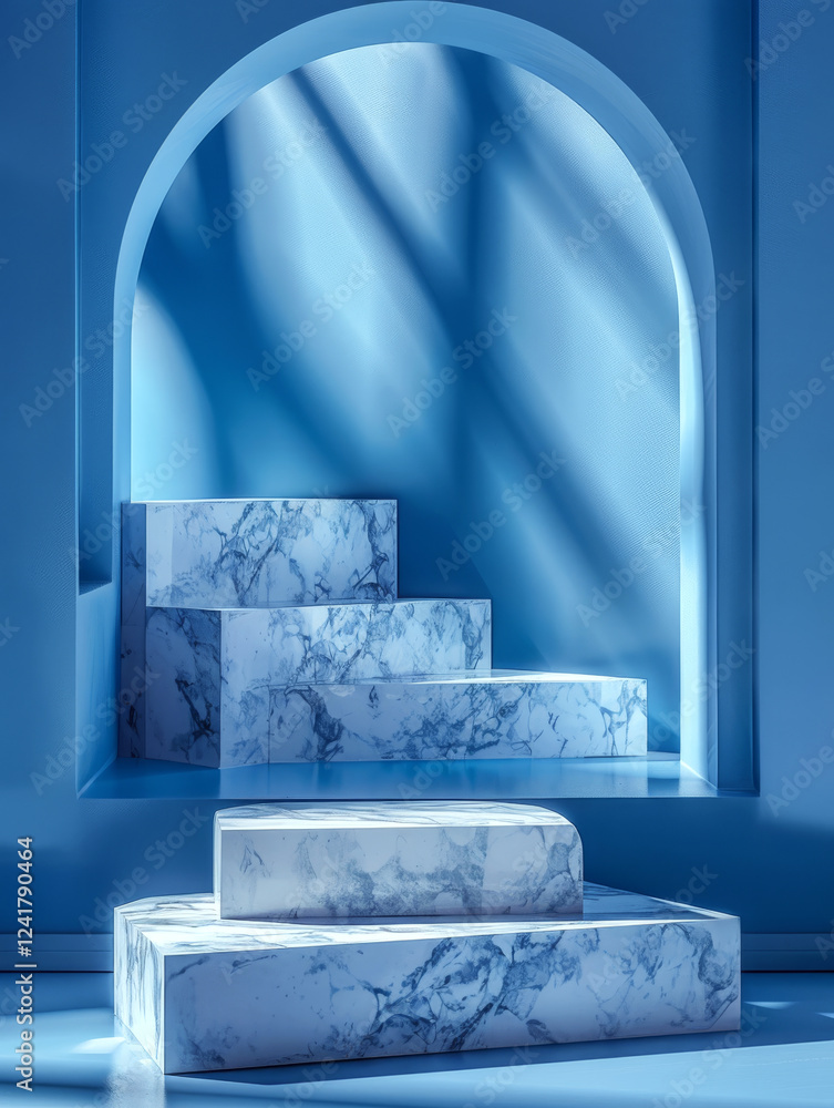 Poster marble-patterned steps in a blue room with arched shadows. concept of architecture and minimalism. f