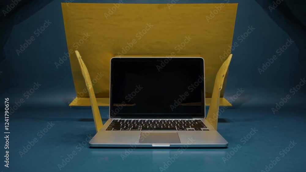 Poster sleek, modern laptop with empty screen displaying yellow background sits in a studio setting with ye