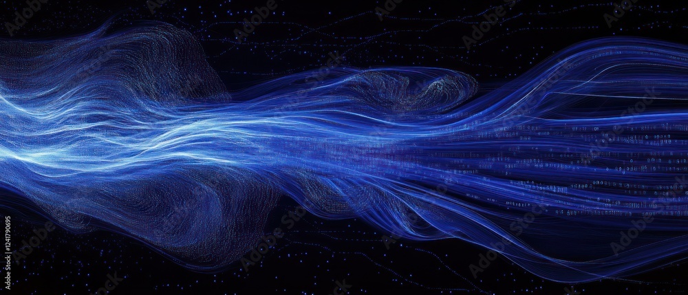 Poster blue energy flow with abstract data streams across a black space, good for tech background use
