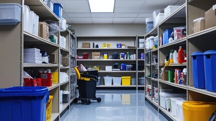 Organized Storage Room: Rows of Shelves Filled with Supplies