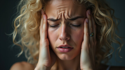 Close-Up Portrait of Woman Experiencing Discomfort Holding Head with Both Hands