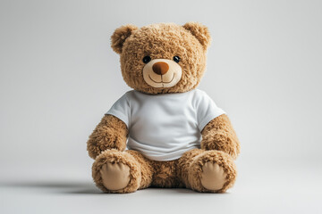 Warm cuddly brown teddy bear wearing white t-shirt sitting down, white background