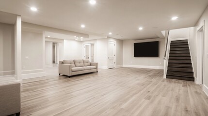 Finished basement with couch, stairs, and TV