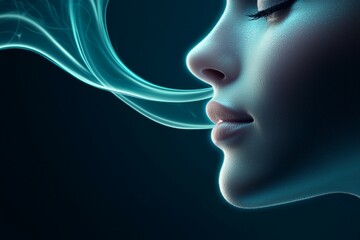 Obraz premium Mystical profile of caucasian female with ethereal smoke in moonlit glow