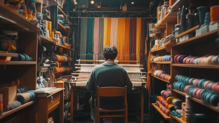 Obraz premium Artisan Weaving in a Vibrant Studio Filled with Colorful Yarns