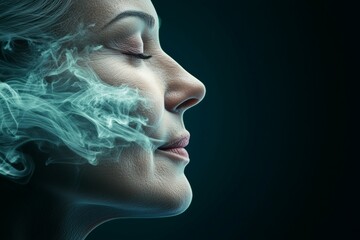 Profile of mature caucasian female in smoke with closed eyes against dark background
