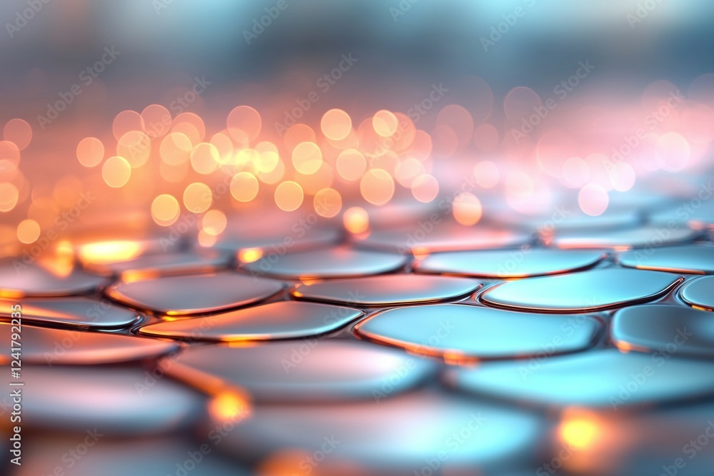 Poster abstract metallic surface with glowing light reflections and bokeh effect