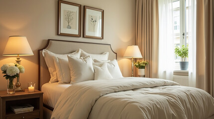 Cozy and Elegant Bedroom Interior with Plush Cream-Colored Bedding