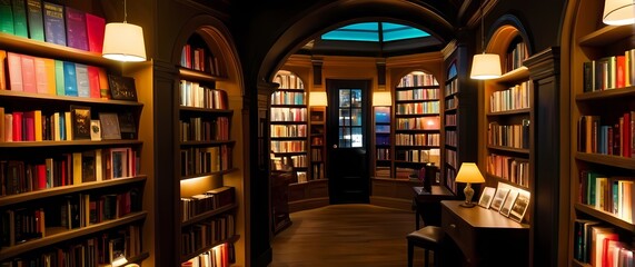 Charming little bookstore filled with cozy reading nooks and colorful book covers