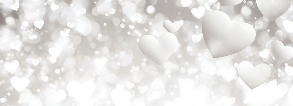 Elegant white and gray heart bokeh background for Valentine's Day celebration.