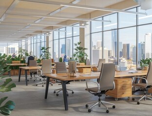 Modern open office space with wooden desks, ergonomic chairs, and large windows overlooking city skyline, with gray concrete floor. 3D Rendering