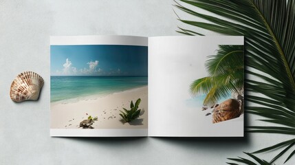 Tropical beach vacation brochure mockup with seashell and palm leaf