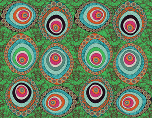 Seamless African Wax Print fabric, Ethnic handmade ornament for your design, Afro Ethnic flowers and tribal motifs geometric circle elements. Vector texture, Africa Ankara textile fashion background