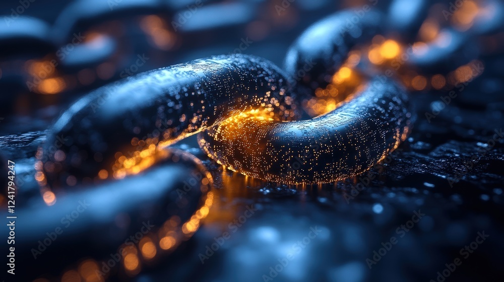 Poster close-up of glowing metallic chain links on a dark surface with shimmering particles around