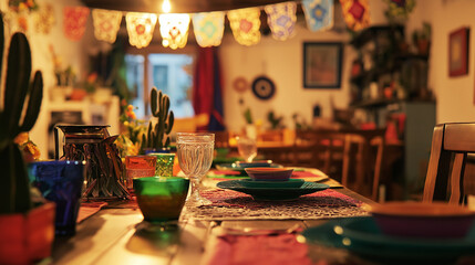 Fototapeta premium A cozy home adorned with Cinco de Mayo decorations, including papel picado banners and colorful table settings, creating a warm and festive ambiance.